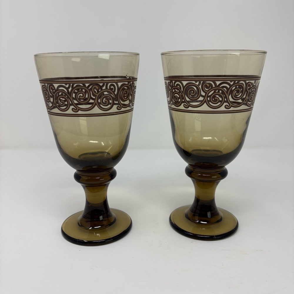Vintage Amber Glass Goblet with Swirl Design Set of Two 7” Tall Glasses 16 Oz